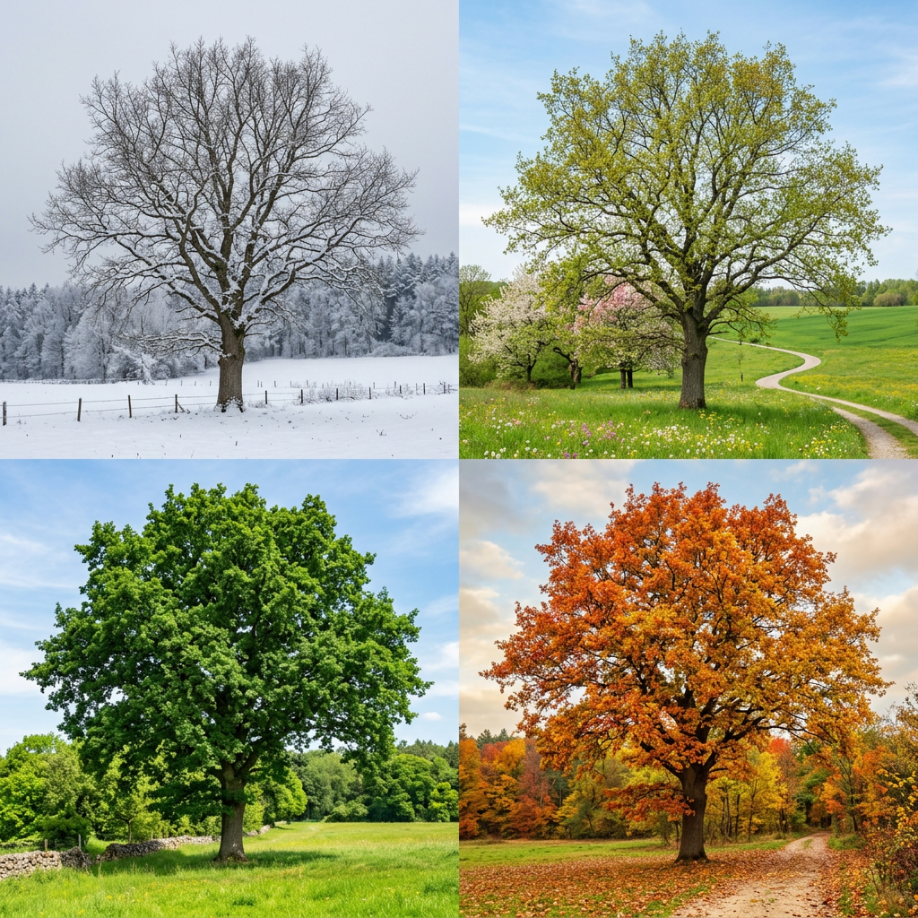 A large tree depicted in four seasons: bare in winter with snow, budding in spring, full green leaves in summer, and orange leaves in autumn.